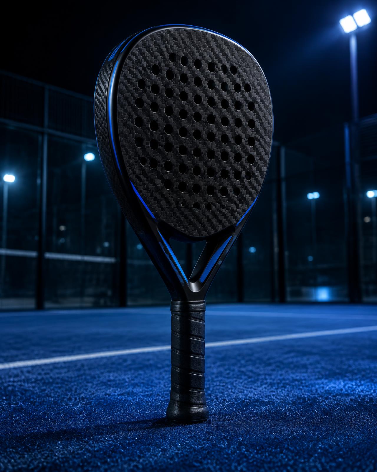 NaYr 18K carbon fibre padel racket on a floodlit blue padel court